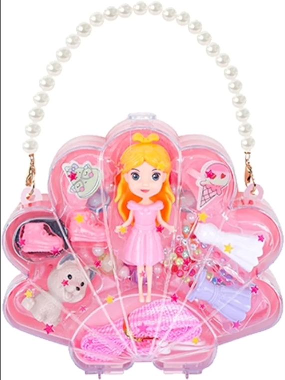 Picture of new collection Plastic Doll Toy with DIY Princess Styling, Featuring Dress, Ring, Bracelet, Necklace Accessories, and A Pet Dog. Creative Doll Styling and Dressing set, Portable shell-shaped bag. For ages 3+
