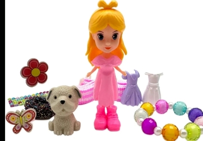 Picture of new collection Plastic Doll Toy with DIY Princess Styling, Featuring Dress, Ring, Bracelet, Necklace Accessories, and A Pet Dog. Creative Doll Styling and Dressing set, Portable shell-shaped bag. For ages 3+