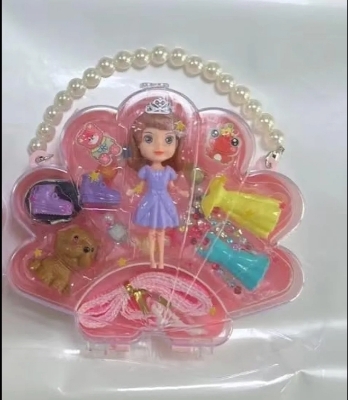 Picture of new collection Plastic Doll Toy with DIY Princess Styling, Featuring Dress, Ring, Bracelet, Necklace Accessories, and A Pet Dog. Creative Doll Styling and Dressing set, Portable shell-shaped bag. For ages 3+