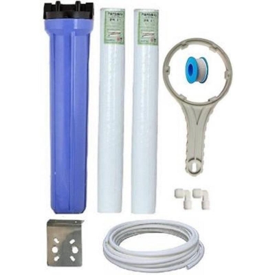 Picture of Water Purifier 20" Pre-Filter Slim Housing Blu Full Set, With 2 Pcs. 20"X2.5" Pp Filter, Ss Hanging Plate, 10 Feet 3/8" Ro Pipe, 3/8" Elbow Connector Used For Home Commercial Water Purifier Solid Filter Cartridge - Not specified
