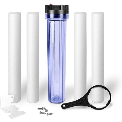 Picture of Whole House Water Filter System, Transparent 20 inch Housing with Presser Relief Button, 1/2 inch Inlet Outlet & 5 Micron Sediment Water Filter Cartridge with 3 Replacement Filters Full Set. - Clear