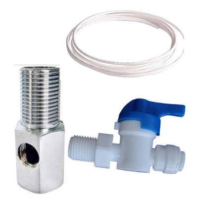 Picture of RO Steel Inlet Ball Valve Set of 1/4Inch with Plastic Connector for Connection with Raw Water Tap Suitable for All Types of RO UV UF Water Purifiers. With 1/4" 10 feet Pipe.