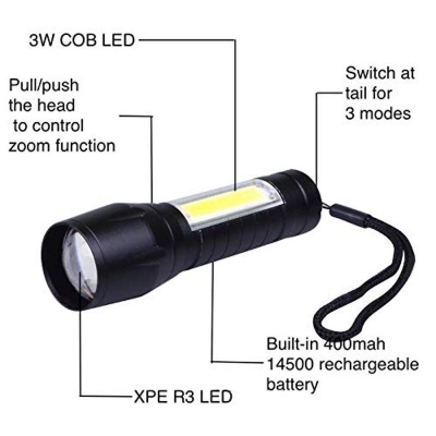 Picture of Small Mini Zoomable LED Torch Light Rechargeable Tactical COB Flashlight - Black