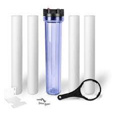 Picture of Whole House Water Filter System, Transparent 20 inch Housing with Presser Relief Button, 1/2 inch Inlet Outlet & 5 Micron Sediment Water Filter Cartridge with 3 Replacement Filters Full Set. - Clear