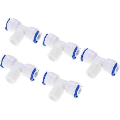 Picture of 5 Pcs Reverse Osmosis System Tee 1/4" To 1/4" Male Thread RO Water Plastic Pipe Quick Elbow - White