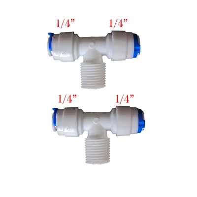 Picture of 2 Pcs Reverse Osmosis System Fitting T Shape Tee 1/4" OD Hose To 1/4" BSP Male Thread RO Water Plastic Pipe Quick Connector - White