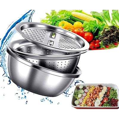 Picture of Silver 3 in 1 Stainless Steel Drain Basket Vegetable Cutter, For Kitchen - Silver