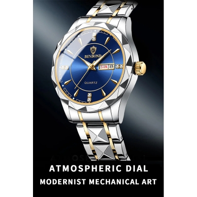 Picture of Luminous Multifunctional Business Calendar Quartz Watch(Black Steel-Black-Gold)