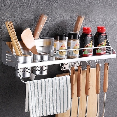 Picture of Wall-mounted Aluminum Edge Condiment Holder Storage Rack. 2 Cups 10 Hooks Multi-function Kitchen Punching - White