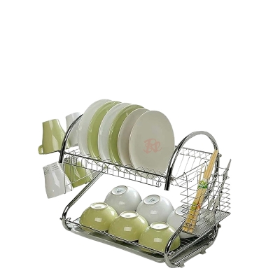 Picture of Tableware Drying Rack, Kitchen Utensils, Stainless Steel Drain Rack, Double-Layer Dish Rack, S-Shaped Storage Rack - Silver