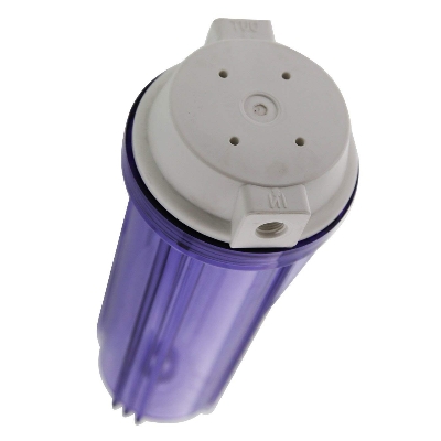 Picture of 10" Clear Housing with White Rib Cap for RO & Filtration Systems 1/4" Ports with Relief Button - Clear