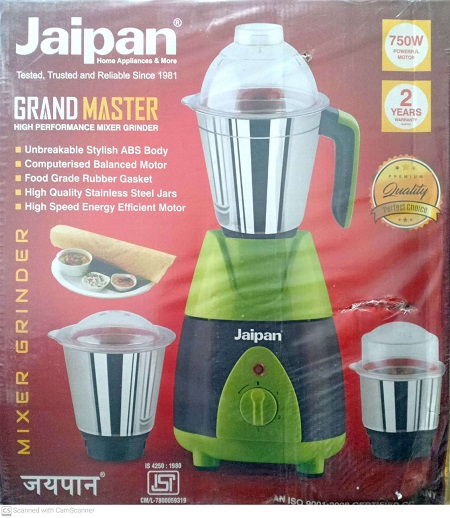 Picture of Jaipan Grand Master Multipurpose Mixer, Grinder and Blender 750 watts 3SS Jars - Green