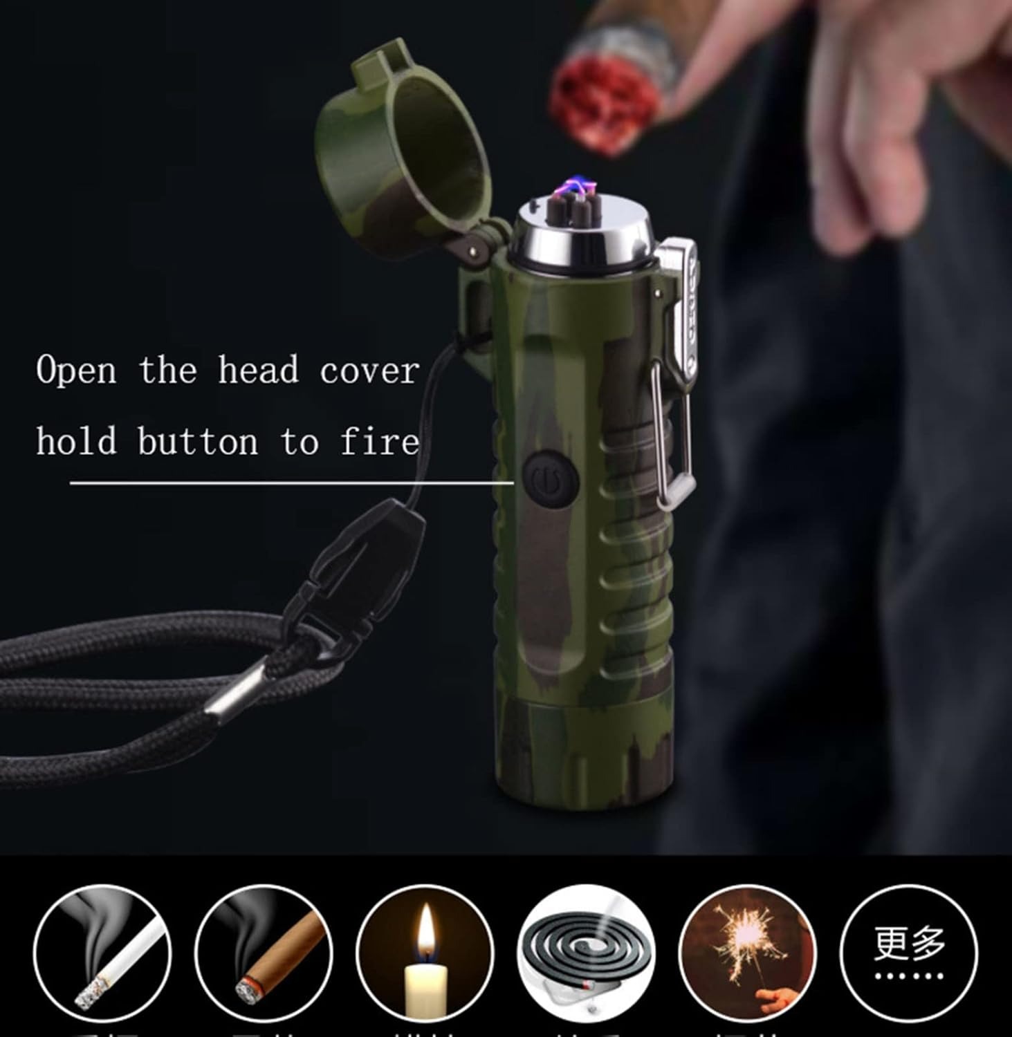 Picture of Waterproof Lighter, USB Plasma Lighter, Rechargeable Electric Lighter with Flashlight, Flameless Lighter, Windproof Arc Lighter, For Outdoor Camping Hiking (Black) - Black