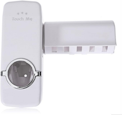 Picture of Modern No-Mess Toothpaste Dispenser and Brush Holder | Wall Mounted, Hands-Free Operation, Keeps Bathroom Tidy - White