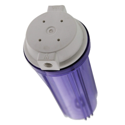 Picture of 10" Clear Housing with White Rib Cap for RO & Filtration Systems 1/4" Ports with Relief Button - Clear