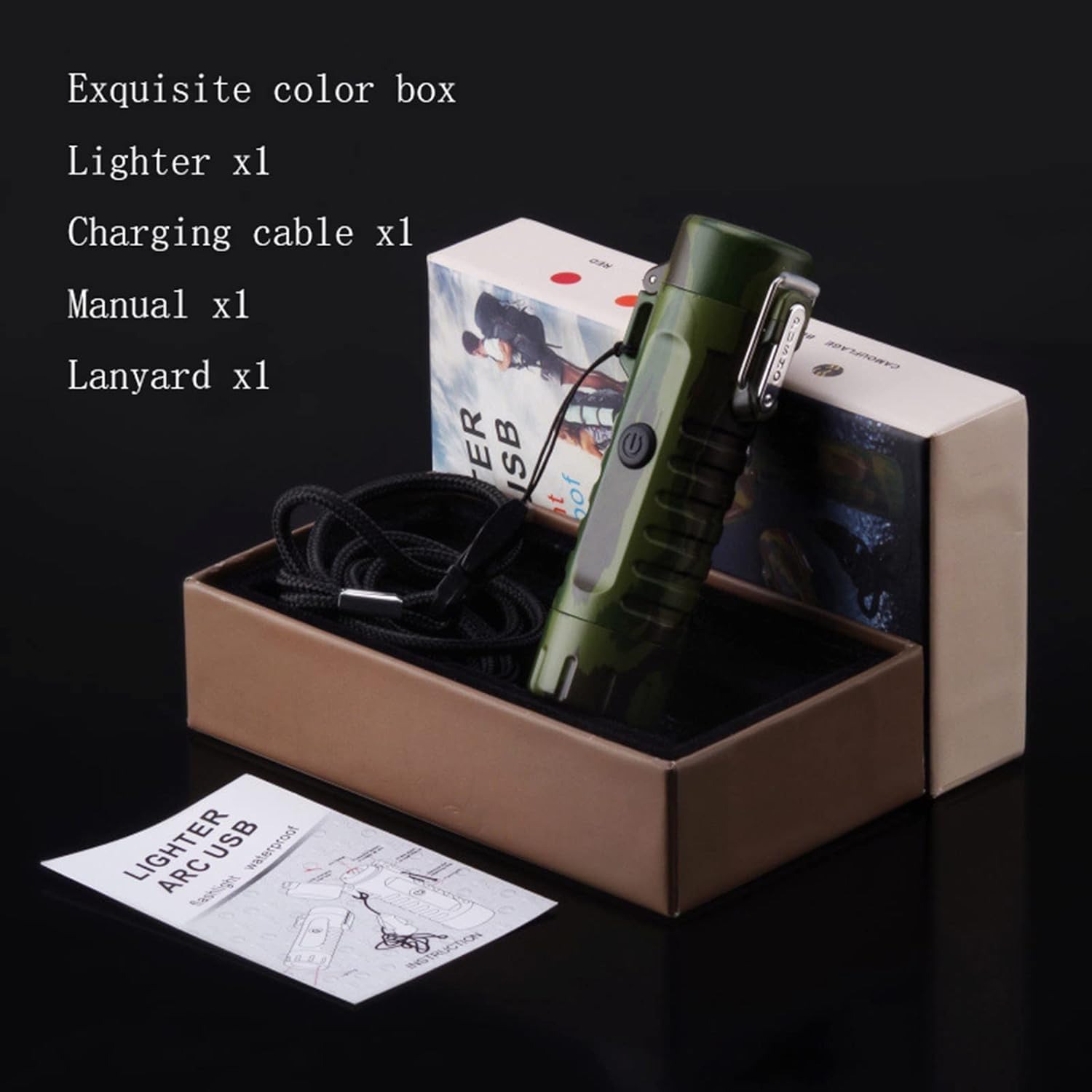 Picture of Waterproof Lighter, USB Plasma Lighter, Rechargeable Electric Lighter with Flashlight, Flameless Lighter, Windproof Arc Lighter, For Outdoor Camping Hiking (Black) - Black