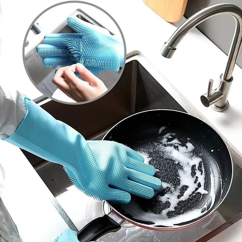 Picture of Reusable Silicone Dishwashing Gloves with Scrubber – Heat Resistant - Multicolor