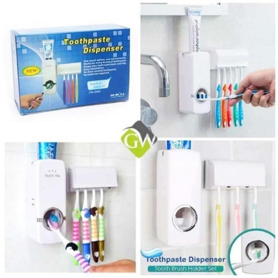 Picture of Modern No-Mess Toothpaste Dispenser and Brush Holder | Wall Mounted, Hands-Free Operation, Keeps Bathroom Tidy - White