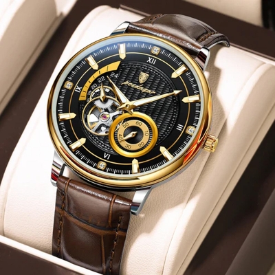 Picture of Poedagar 1416 Automatic Mechanical Watch For Men-Black Dial Choclete Belt