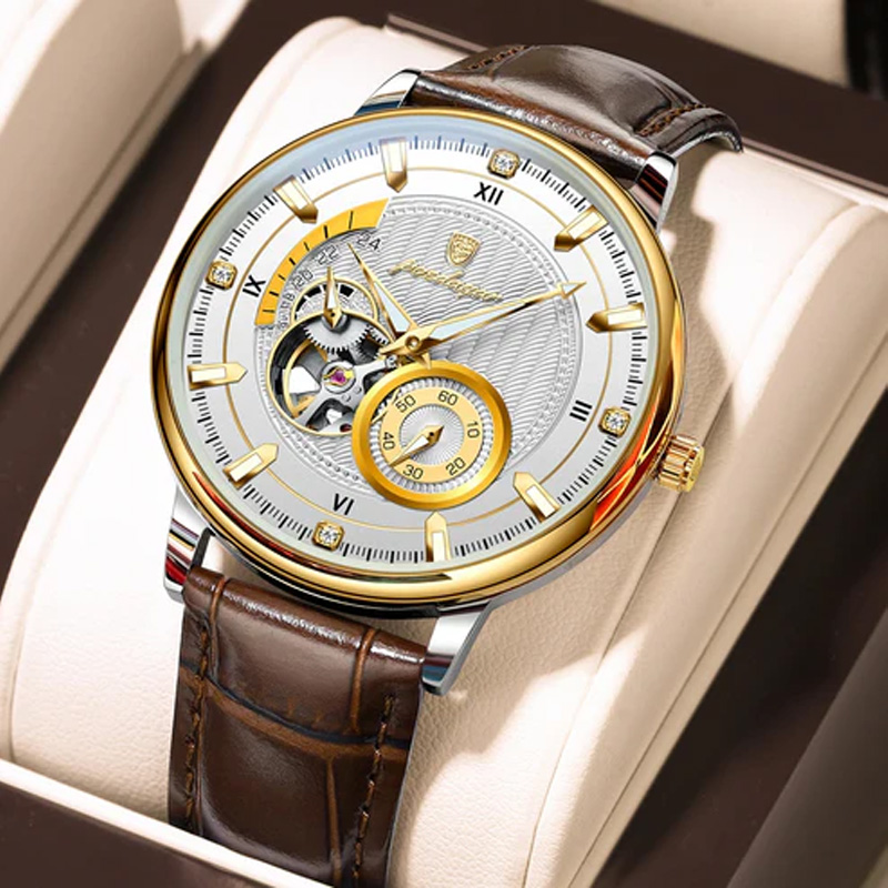 Picture of Poedagar 1416 Automatic Mechanical Watch For Men-white Dial Choclete Belt