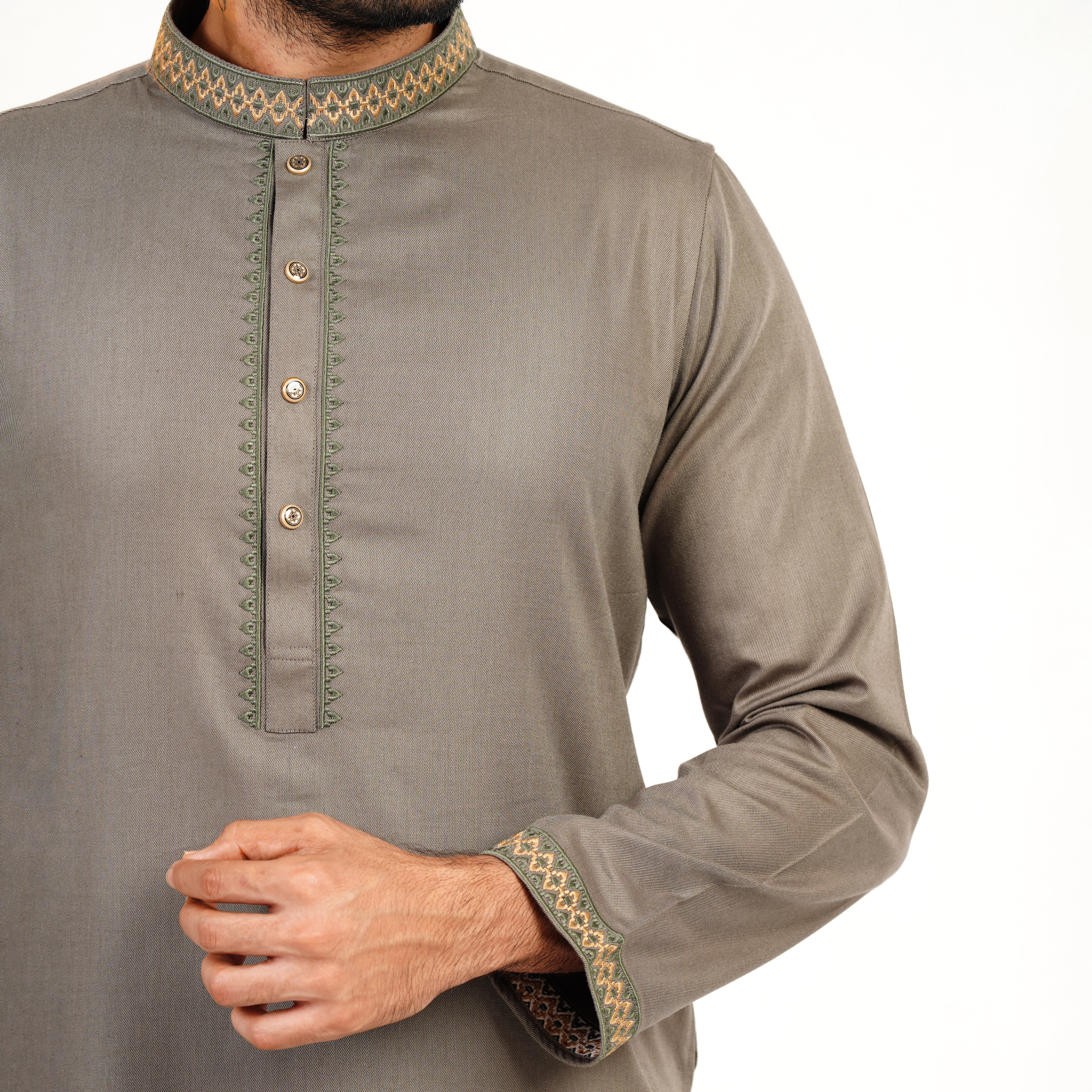 Picture of Olive Brown Cotton Flow Panjabi(Olive Brown)