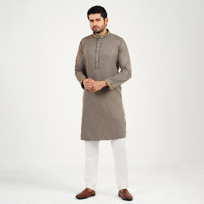 Picture of Olive Brown Cotton Flow Panjabi(Olive Brown)