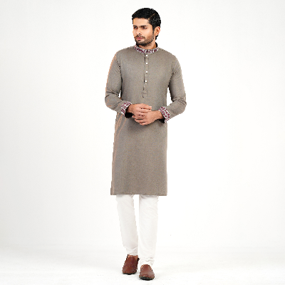 Picture of Olive Brown Cotton Flow Panjabi(Olive Brown)