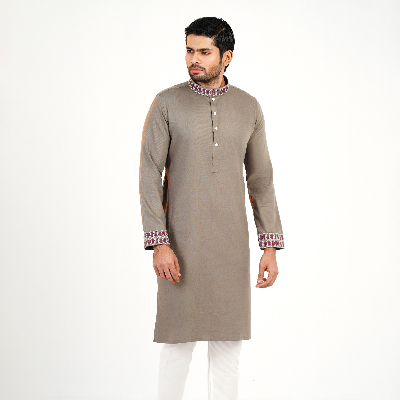 Picture of Olive Brown Cotton Flow Panjabi(Olive Brown)