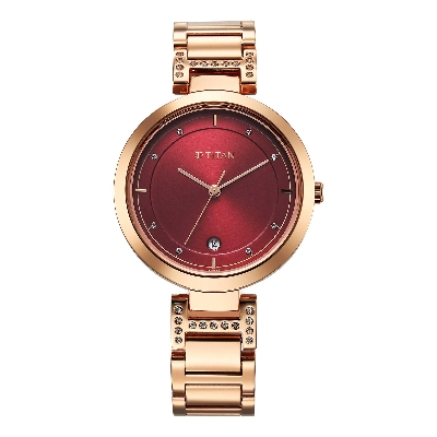 Picture of Titan Women's Watch Analog Red Dial with Rose Gold Stainless Steel Band