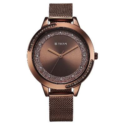Picture of Titan Razzle Dazzle Quartz Analog Brown Dial Stainless Steel Mesh Strap Watch For Women