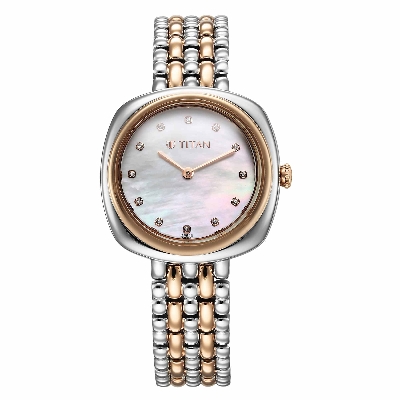 Picture of Titan Aura Quartz Analog White Mother Of Pearl Dial Rose Gold and Silver Stainless Steel Strap Watch for Women