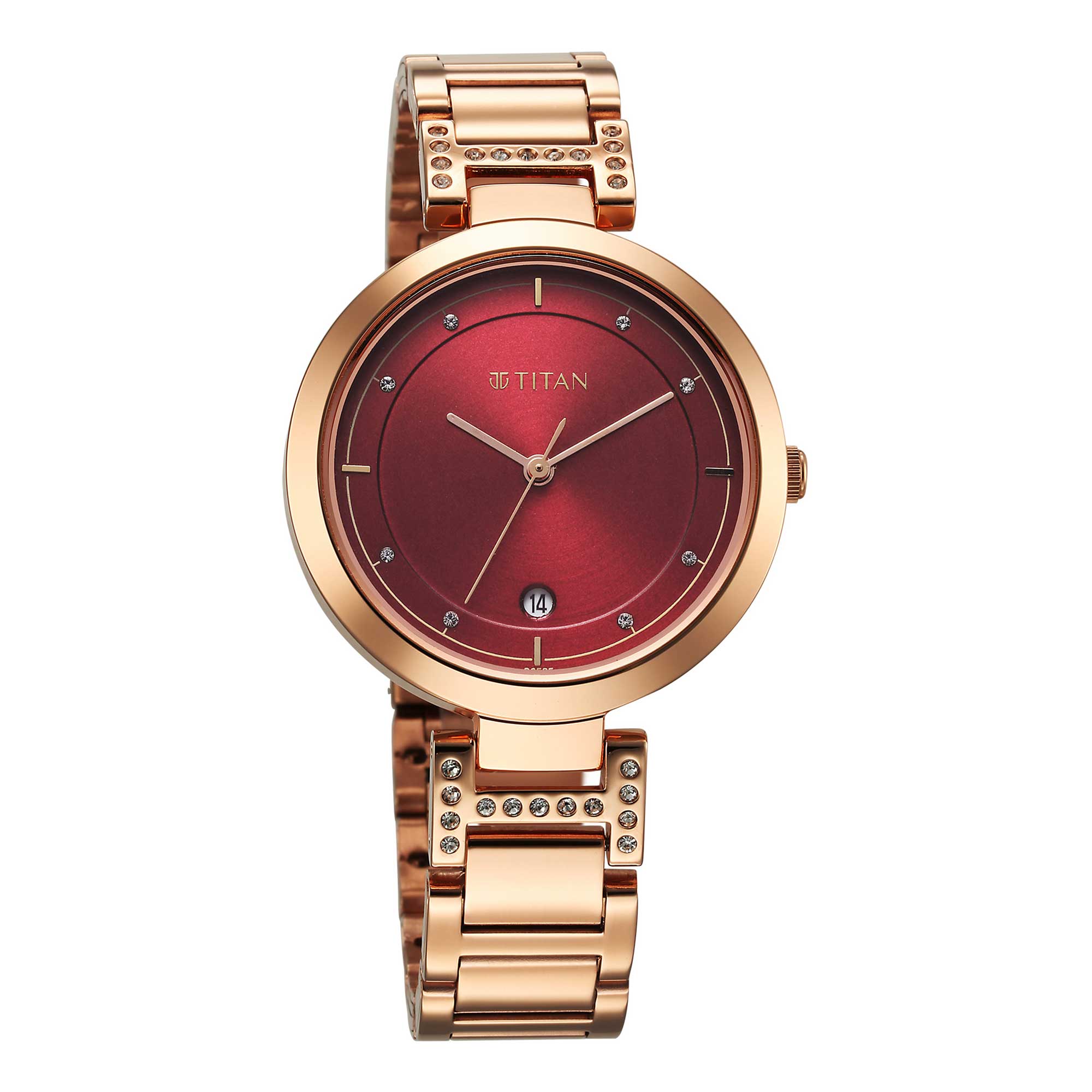 Picture of Titan Women's Watch Analog Red Dial with Rose Gold Stainless Steel Band