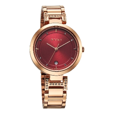 Picture of Titan Women's Watch Analog Red Dial with Rose Gold Stainless Steel Band