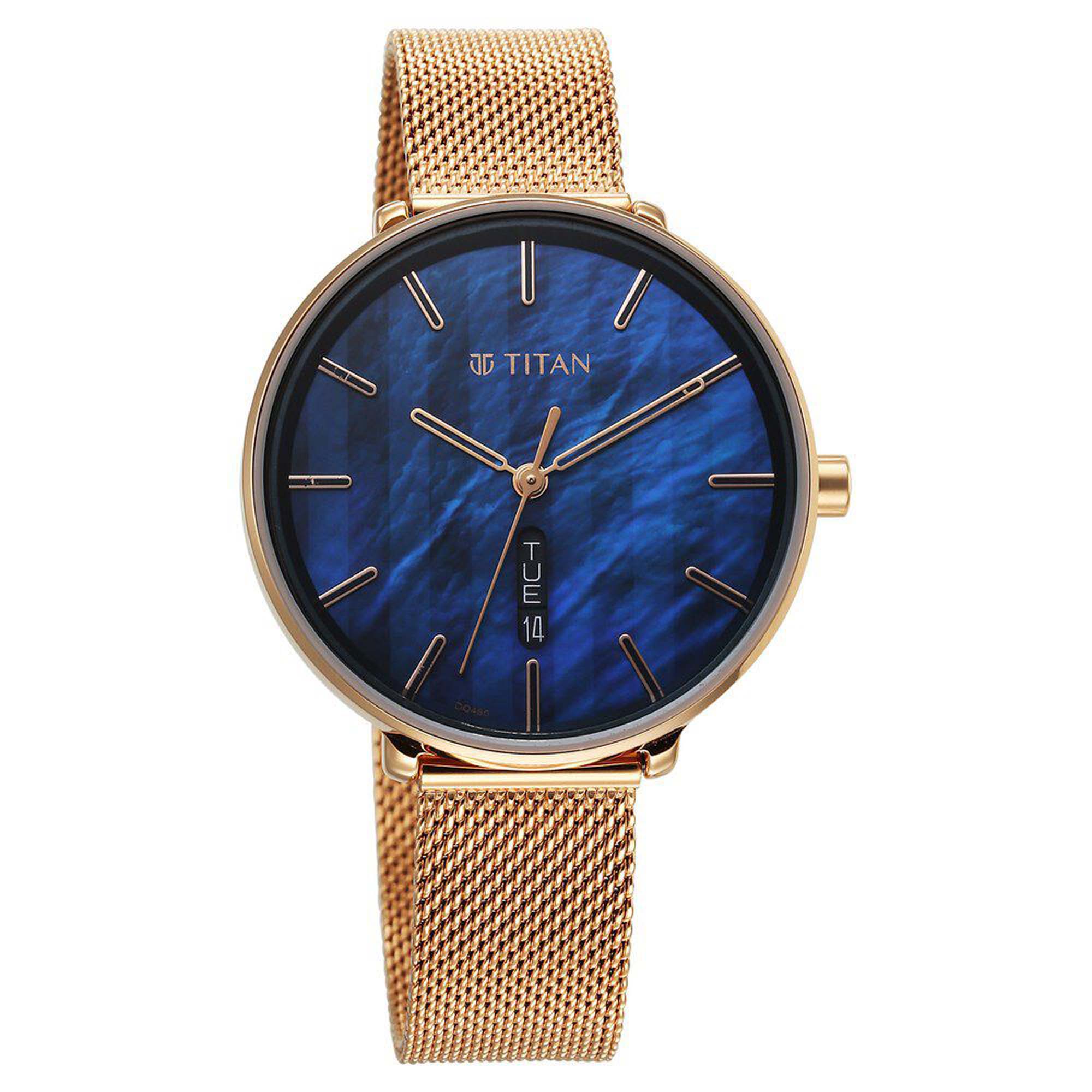 Picture of Titan Neo Analog with Day and Date Mother Of Pearl Dial Rose Gold Color Stainless Steel Strap Watch For Women