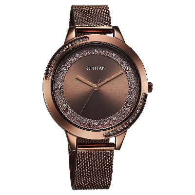 Picture of Titan Razzle Dazzle Quartz Analog Brown Dial Stainless Steel Mesh Strap Watch For Women