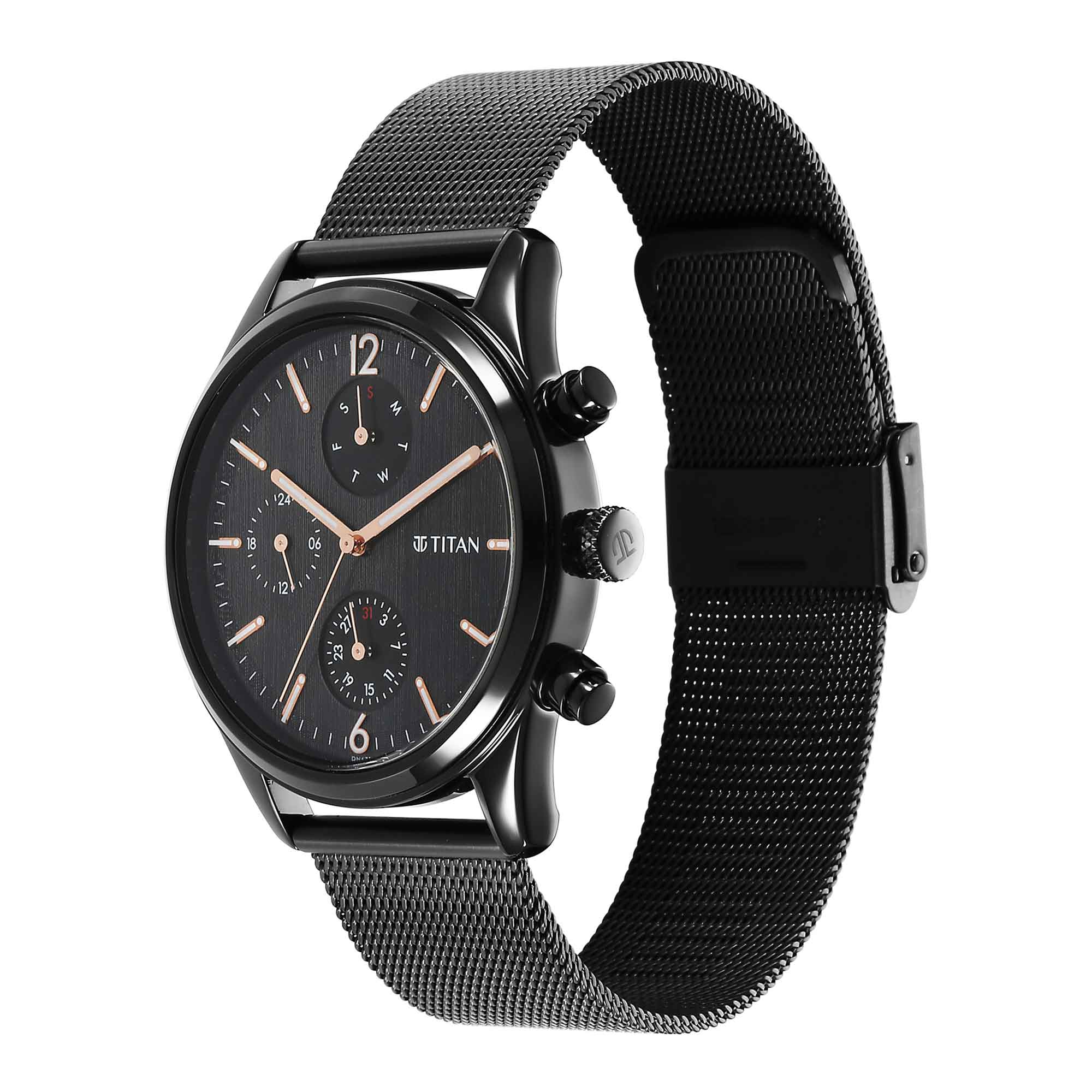 Picture of Titan Neo Black & Gold Quartz Analog with Day and Date Black Dial Stainless Steel Strap Watch for Men