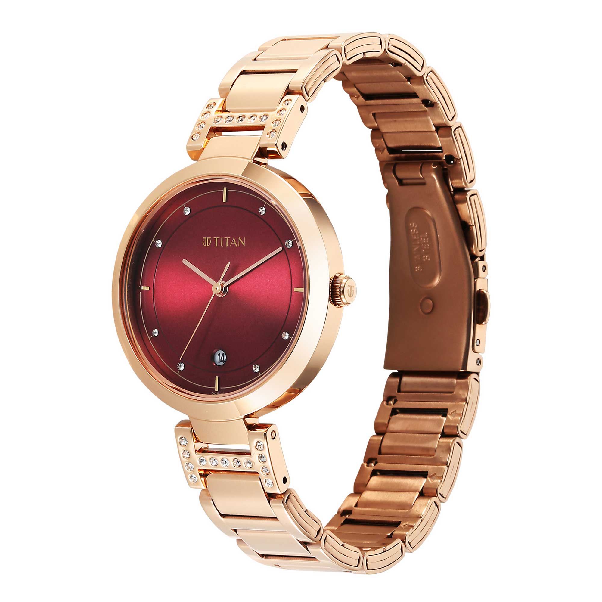 Picture of Titan Women's Watch Analog Red Dial with Rose Gold Stainless Steel Band