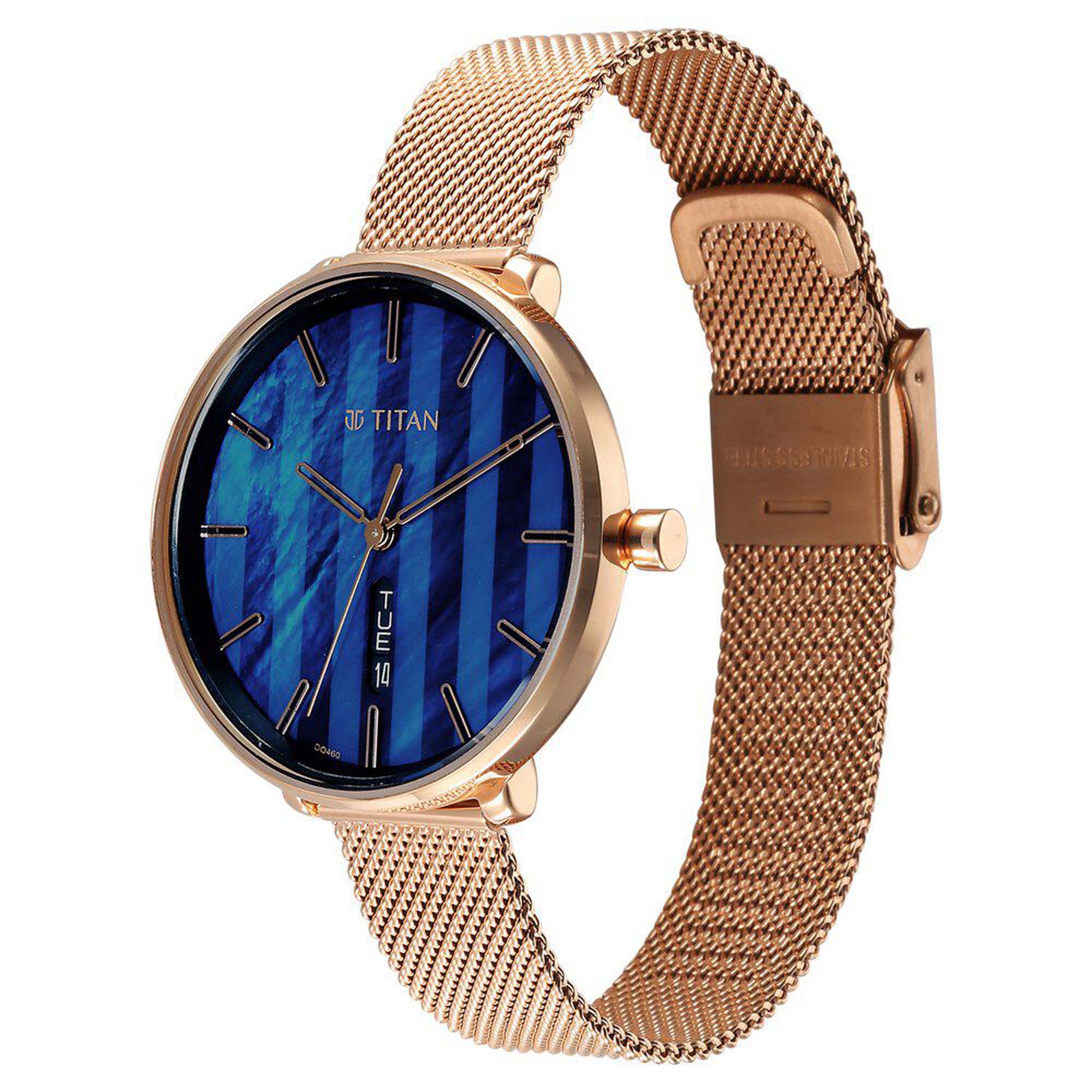Picture of Titan Neo Analog with Day and Date Mother Of Pearl Dial Rose Gold Color Stainless Steel Strap Watch For Women