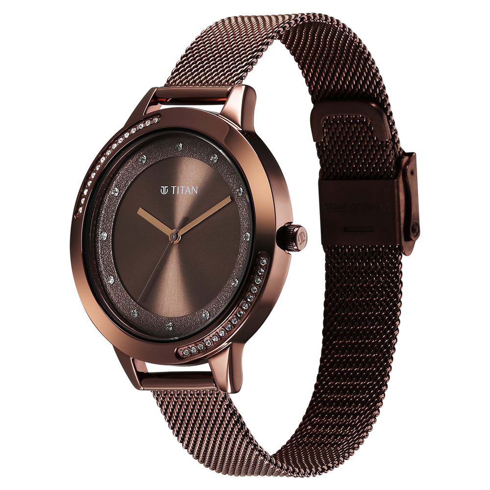 Picture of Titan Razzle Dazzle Quartz Analog Brown Dial Stainless Steel Mesh Strap Watch For Women