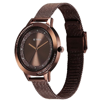 Picture of Titan Razzle Dazzle Quartz Analog Brown Dial Stainless Steel Mesh Strap Watch For Women