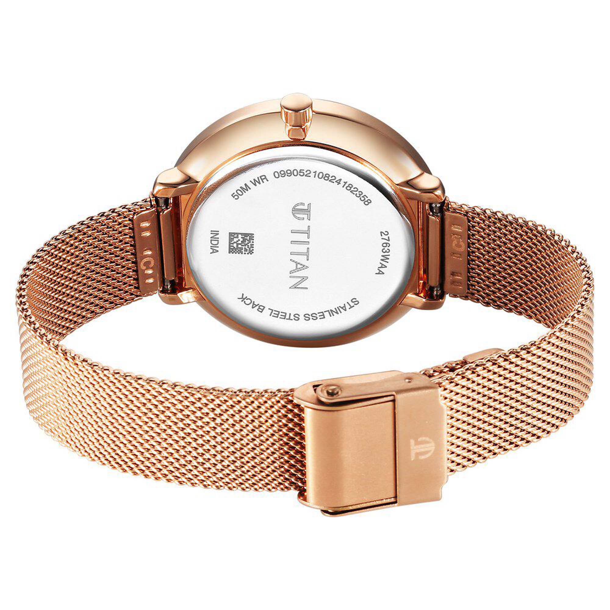 Picture of Titan Neo Analog with Day and Date Mother Of Pearl Dial Rose Gold Color Stainless Steel Strap Watch For Women