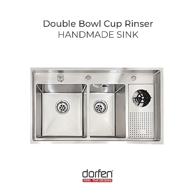 Picture of DORFEN Double Bowl Cup Rinser Handmade Sink - 36x18x9
