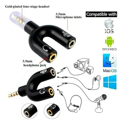 Picture of Audio Jack to Headphone Microphone 2 Way U Splitter Converter Adaptor Multicolor