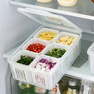 Picture of Refrigerator Storage Box 6 Grid Food Vegetable Fruit Storage Box Fridge Organizer Drain Basket Meat Onion Ginger Clear Crisper