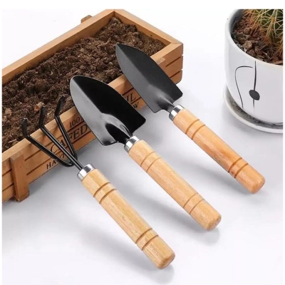Picture of 3pcs Mini Garden Shovel Rake Spade Erramientas Bonsai Tools Set Wooden Handle For Flowers Potted Plant