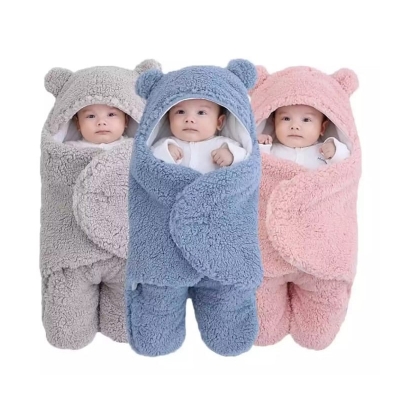 Picture of Newborn Outdoor Windproof Plush Solid Colour Soft Baby Hold Blankets Infant Cocoon Wraps Cotton Winter Sleeping Bag Multicolor For 0-1 Year