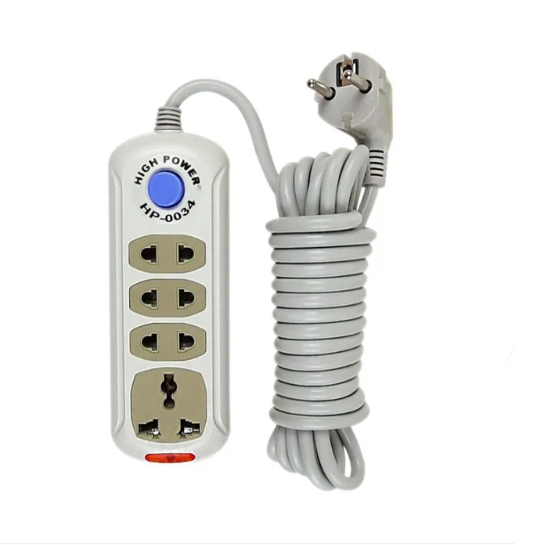 Picture of High Power HP 4 Gang Socket Multiplug Power Strip – 4 Port Extension with 2M/5M Cable | 2500W Max Load | Overload & Surge Protected | Power Switch & Indicator | 2 Pin Plug – White - White