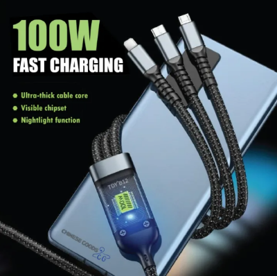 Picture of 100W 3-in-1 Fast Charging Cable with Smart Display – Pure Copper Core - Multicolor