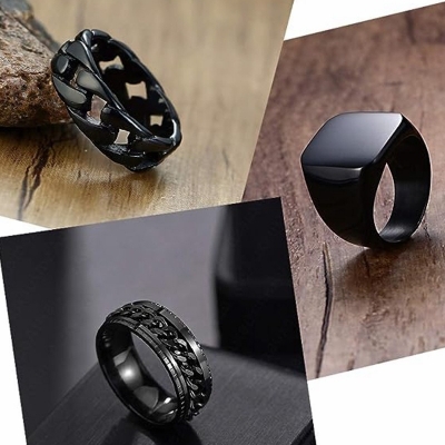 Picture of WAINIS 3 Pcs Mens Stainless Steel Black Signet Biker Rings for Men Fidget Chain Ring Cuban Link Band Ring Set Size 9