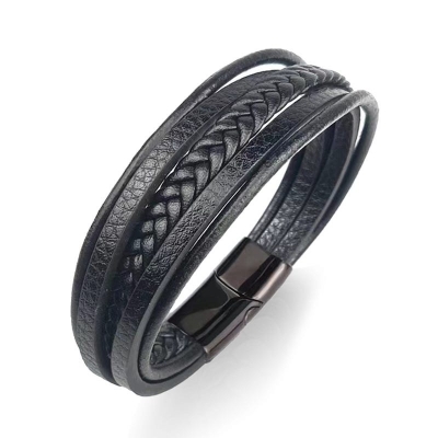 Picture of Stainless Steel Leather Bracelet Men Wrist Band Black Link Punk Stylish Gift